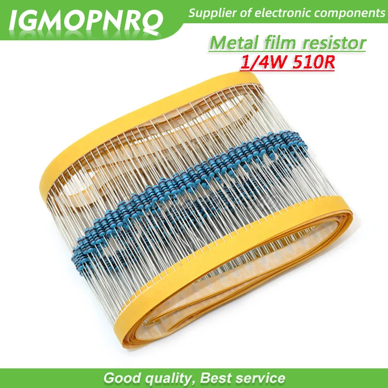 

100pcs Metal film resistor Five color ring Weaving 1/4W 0.25W 1% 510R 510 ohm 510ohm
