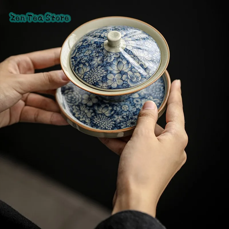 Retro Blue And White Three Cover Bowl Household Ceramic Anti-ironing High-grade Tea Making Bowl Old Clay Tea Cup