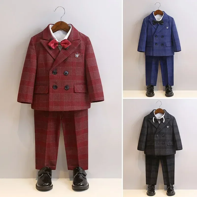 Suit for Boys British Style Host Performance Costume Red Plaid Toddler New Year Blazer Set Handsome Flower Child Wedding Tuxedo