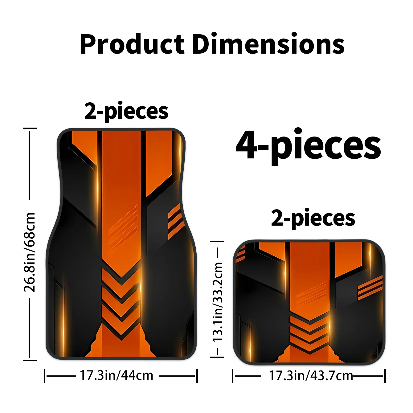 Set Of 4 Two-Dimensional Geometric Car Floor Mats In Orange And Black Design | Easy To Clean, Made Of Polyester Fiber, Perfect F