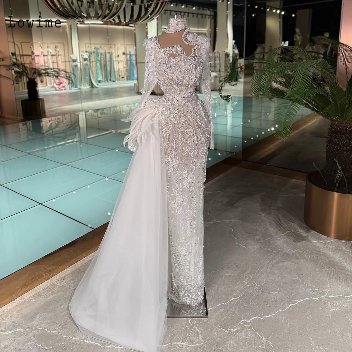 White mermaid gown luxurious flowers pearl high neck lace long sleeve dress feather train dress wedding party gown customizable