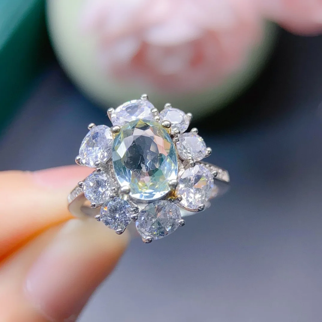 

7x9mm Natural Aquamarine Ring in S925 Sterling Silver, Fashion Minimalist Designer Jewelry, Ocean Blue Gemstone Gift