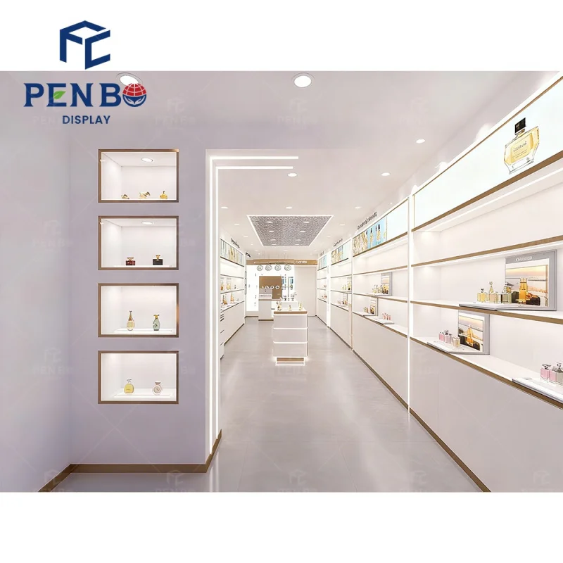 Custom.Luxuriöse weiße Duft-Parfüm-Shop-Vitrine mit Akzenten, hochwertige arabische Parfüm-Kiosk-Vitrine, Mall