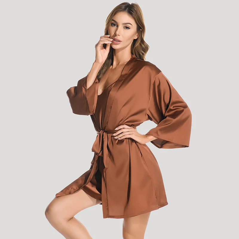 

Summer Women's Imitation Silk Pajamas Sexy V-neck Long Sleeve Bathrobe Suspender Nightdress Two piece Set Thin Home Clothing