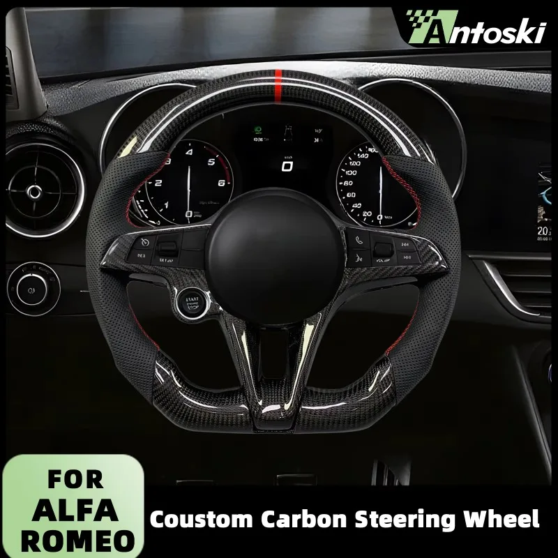 Customized Heated Carbon Fiber Leather Steering Wheel for Alfa Romeo Stelvio 2018-2025 Sporty Style with LED RPM Display