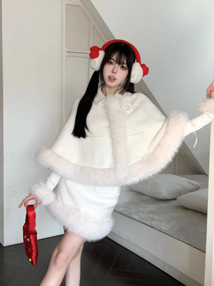 High Quality Winter Plush Thick Warm Wool Two Piece Set For Women Cloak Coat + Skirt Suits Girl Korean Sweet 2 Piece Outfits