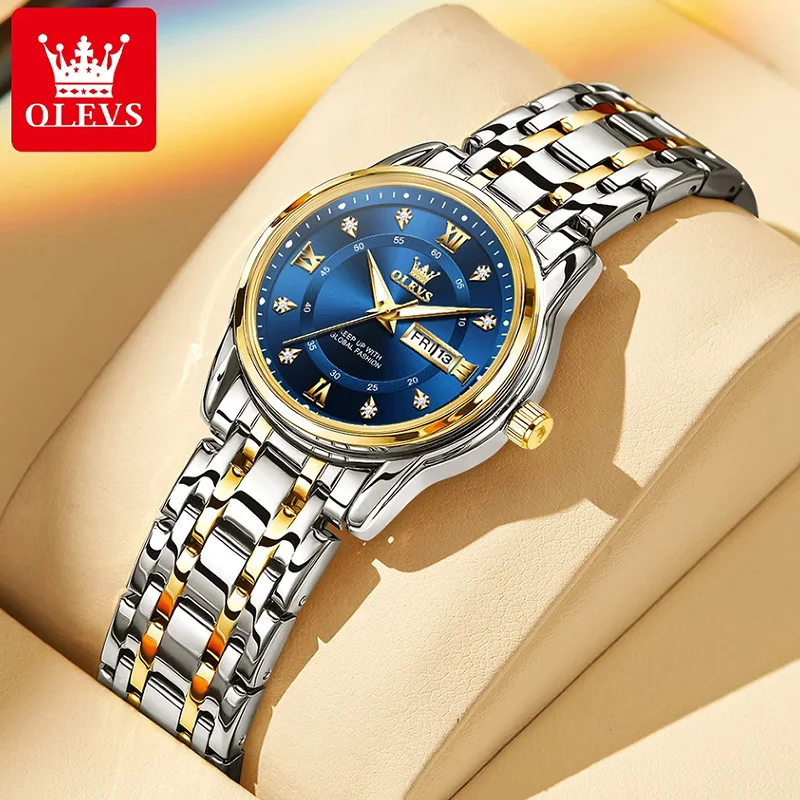 OLEVS Original Quartz Watch for Women Dual Calendar Diamond Luxury Fashion Stainless steel Waterproof Luminous Ladies Wristwatch