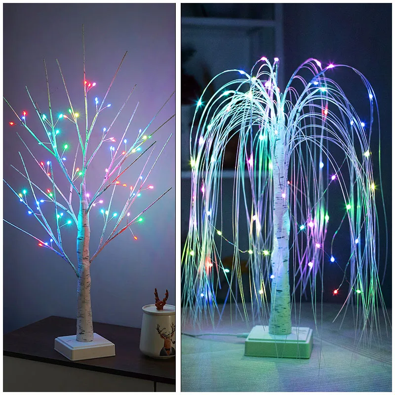 Willow Night Light LED Weeping Willow Tabletop Lamp Birch Tree Lighting Color 7Mode Remote Table Lamp Bedroom Bedside Atmosphere