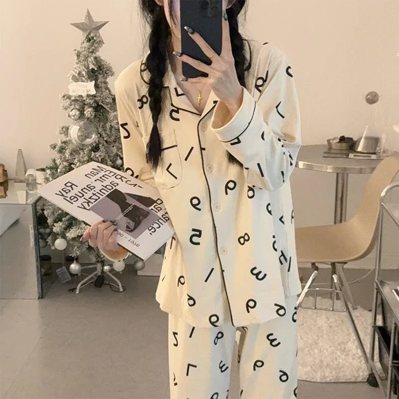 Women Pajamas 2024 Spring Autumn High Sense Letter Simplicity Ladies' Homewear Two-Piece Casual Loose Long Sleeve Sleepwear Suit