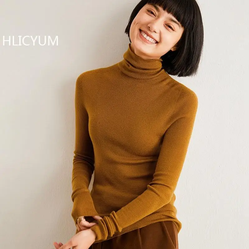 

Spring/Autumn 100% Pure Knitted Wool Sweater Solid Color Slim Fit High Neck Blouse Jumper Fashion Top