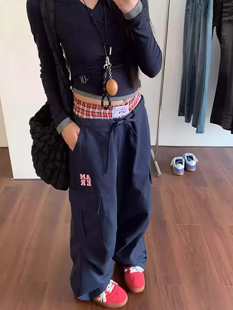 

Trendy Plaid Patchwork Double Waist Work Pants Casual Straight Leg Sports Pants for Men And Women High Waist Cargo Trousers