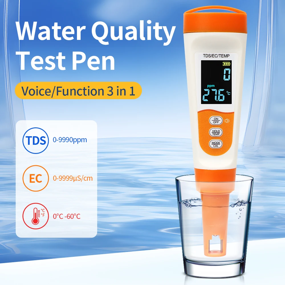 

3 in 1 Voice Multifunctional TEMP TDS EC Meter Water Quality Monitor Tester IP67 for Drinking Water Aquariums Aquaculture