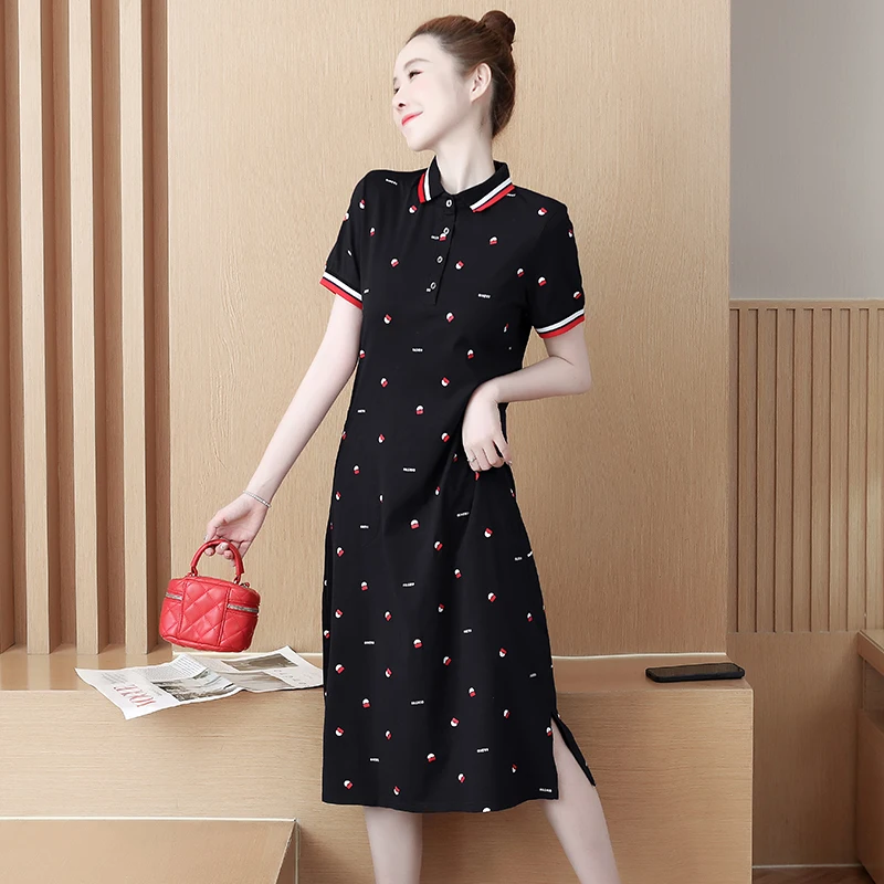 Summer Women Cotton T-shirt Dresses Female Polo Collar Short Sleeve Large Size 4XL Elegant A Line Print Black Navy Blue Vestidos