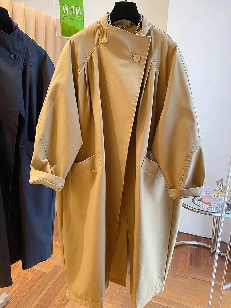 

Женская повседневная свободная ветровка средней длины на подкладке, хаки, черный топ, элитная верхняя одежда с воротником-стойкой, весна 2024, большие размеры