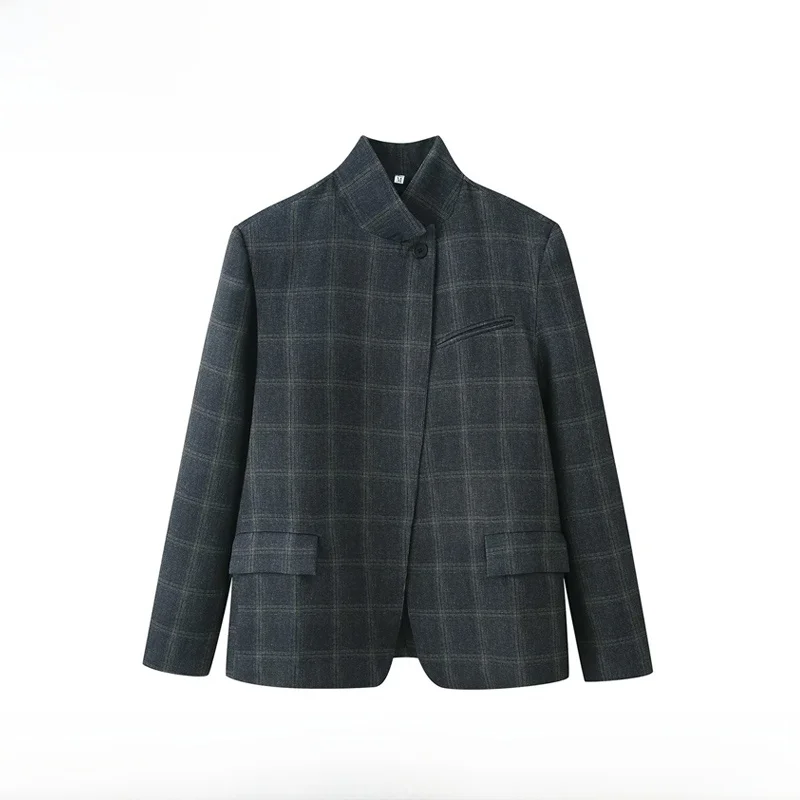 

EVEA New Women's Faion Plaid Suit Jaet Autumn Winter Casual Sle Warm Polyester Fiber Long Sve Stand Collar Coat