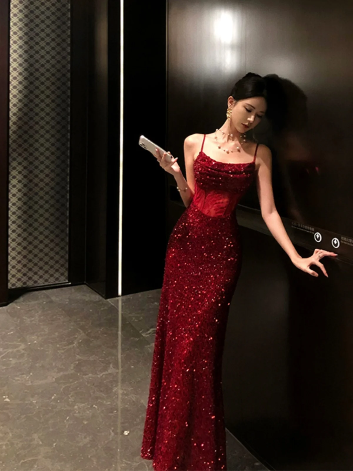 

Red Sequin Belted Waist Gown Ele High Waist Fi Tail Long Dr for Women's Banquet Par Celebration High Quali Fabric