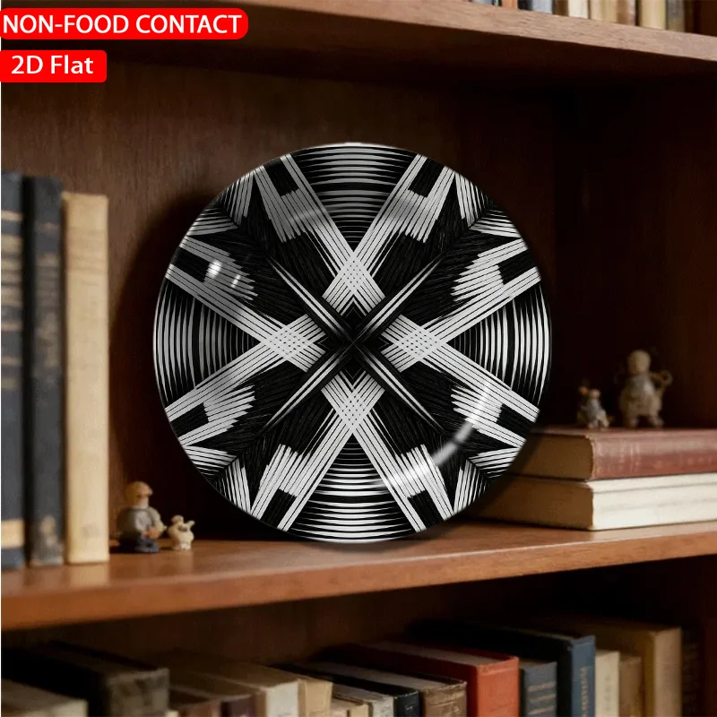 1pc Abstract Geometric Circular Black Ceramic Plate Non-food Contact, Home Desk Ornaments, Living Room and Bedroom Decorations,