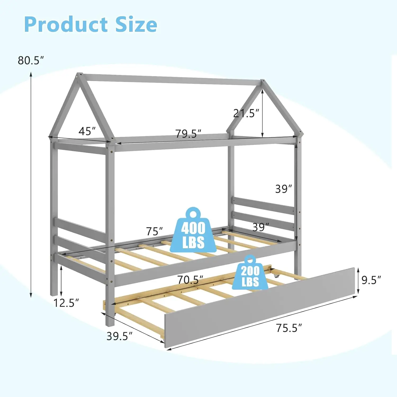 Giantex House Bed With Trundle, podwójna kanapa z litego drewna dla dziewczynek i chłopców, rama łóżka z platformą dla dzieci z dachem do sypialni, nie