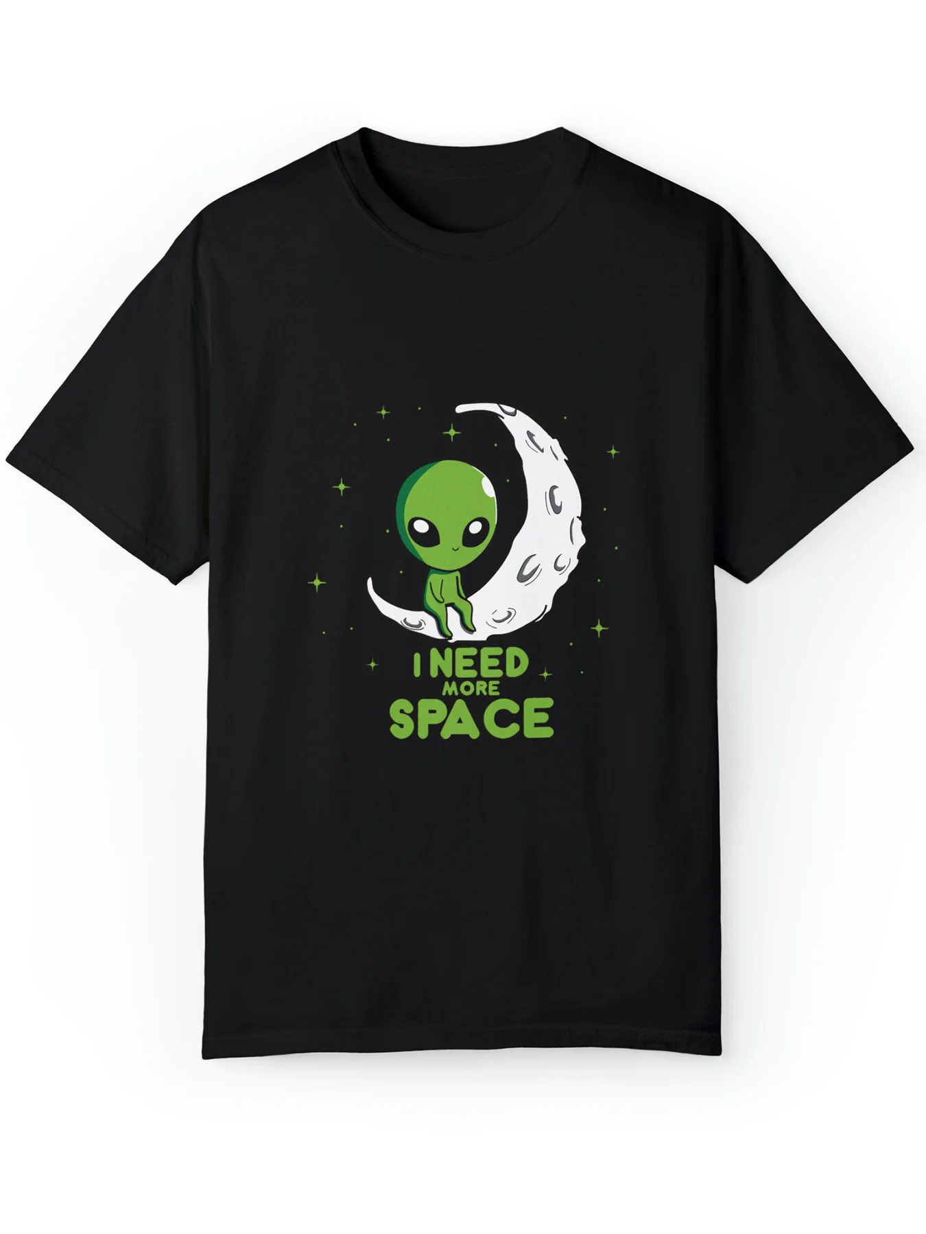 

Мужская хлопковая футболка с рисунком «I Need More Space» Alien — черная повседневная футболка с круглым вырезом и дизайном Green Moon Stars