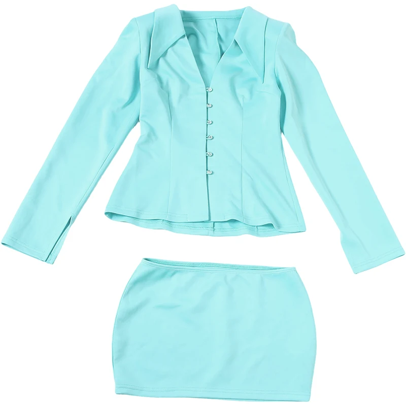 Weird Puss Elegantes 2-teiliges Set für Damen, trendige einreihige Jacke mit V-Ausschnitt + Mini-Rock mit Pfirsichhüft-Form, modische, schicke Party- und Streetwear-Anzüge – Detail 3