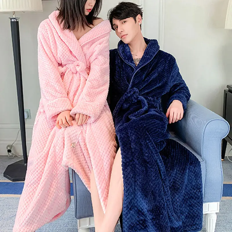 Thick Flannel Long Robe Sleepwear Winter Couple Nightwear Kimono Bathrobe Gown Loose Warm Coral Fleece Home Clothes Lounge wear