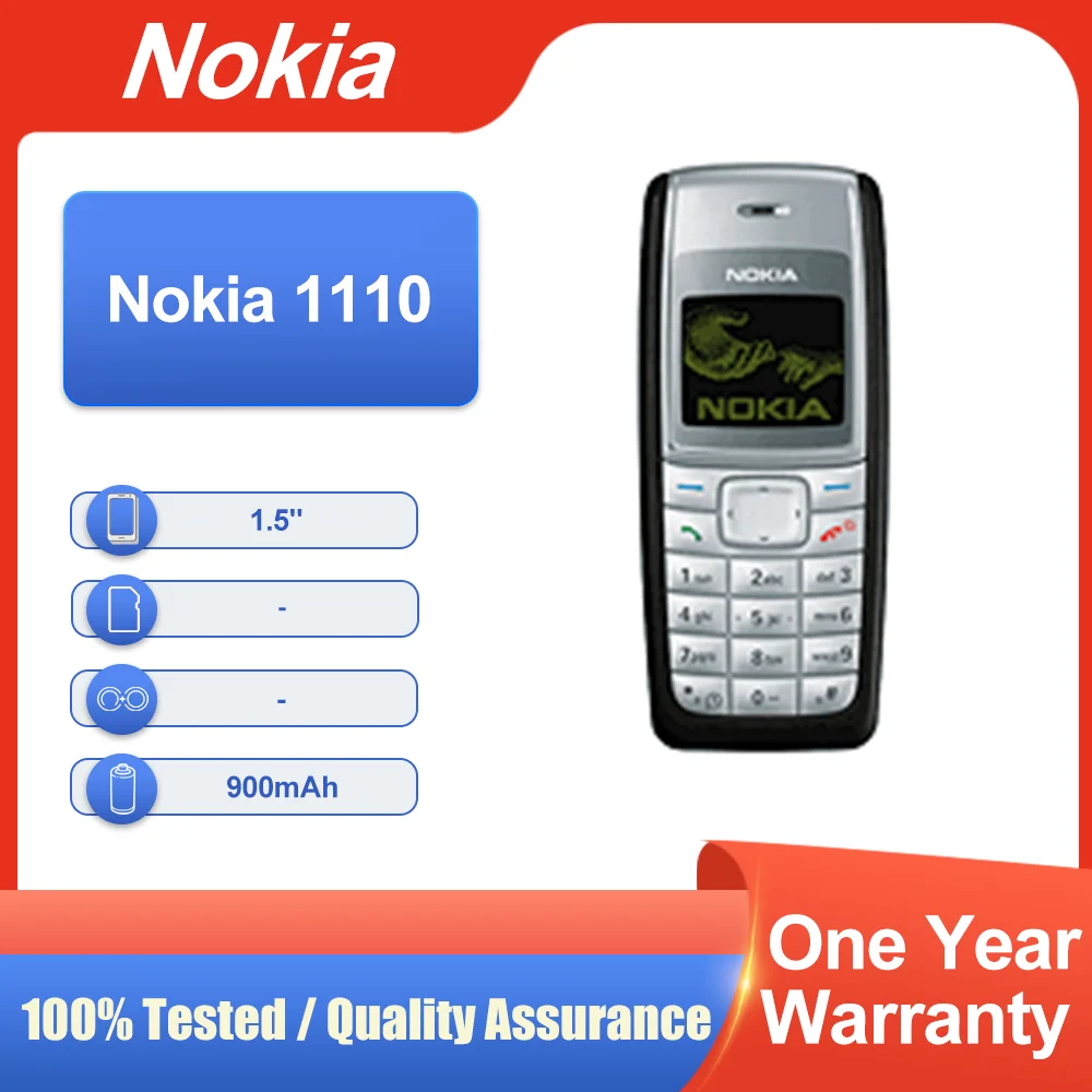 هاتف محمول أصلي غير مقفول لهاتف Nokia 1110 بشريحتين GSM 900/1800 900mAh لوحة مفاتيح أوروبية وآسيوية أكبر مصنوعة في فنلندا