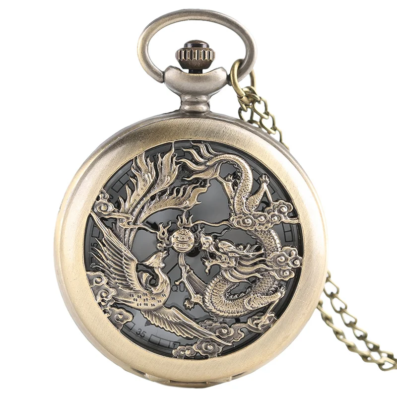 Bronze Pocket Watch Hollow Dragon Phoenix Case Men Women Quartz Analog Display Watches Arabic Numeral Sweater Necklace Chain