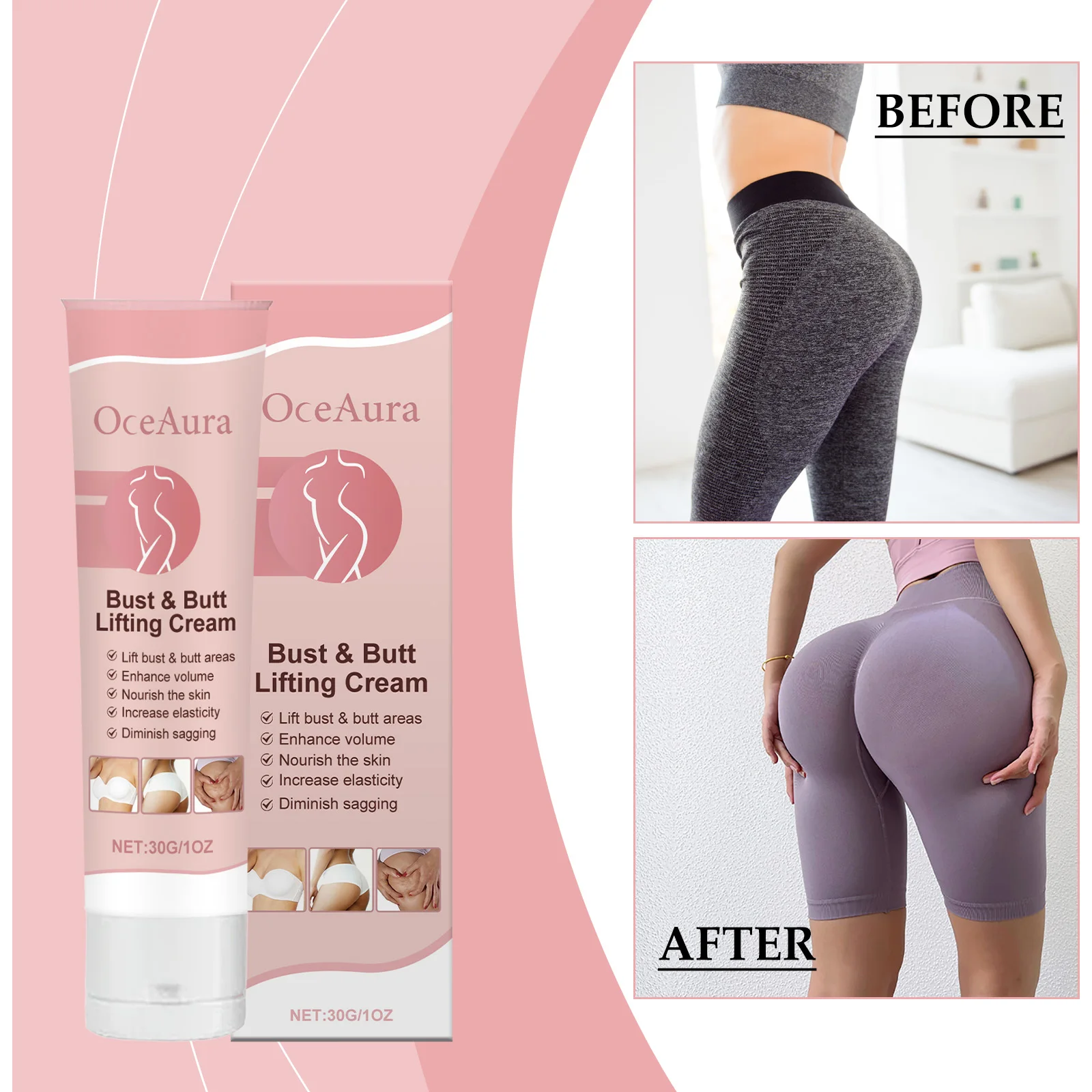 Bust & Butt Lifting Cream 30g - Firming & Volumizing Treatment, Enhances Curves, Nourishes Skin, Improves Elasticity