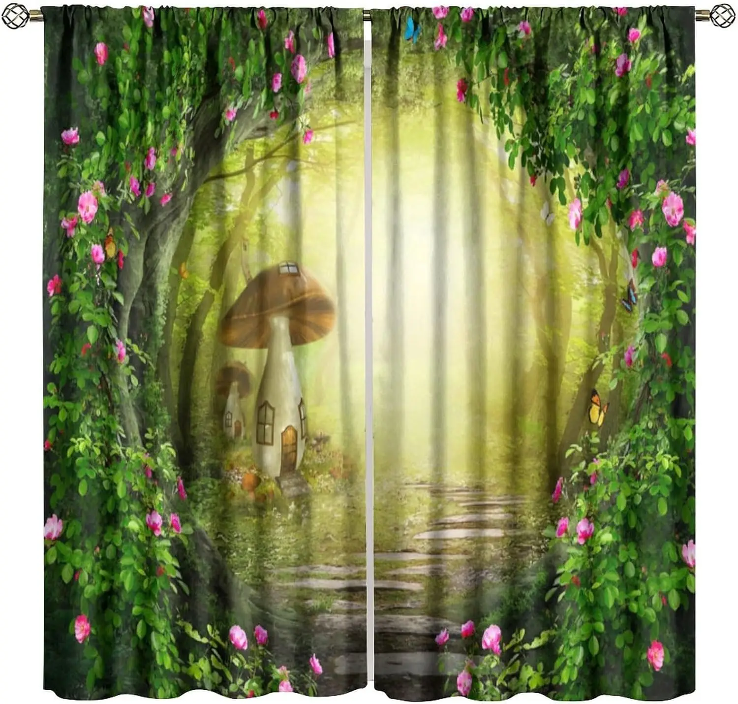 Fantasy Mushroom Curtain 2 Panels, Enchanted Tree Vine Pink Flower Butterfly Print, Curtains for Girl Nursery Fairy Tale Curtain