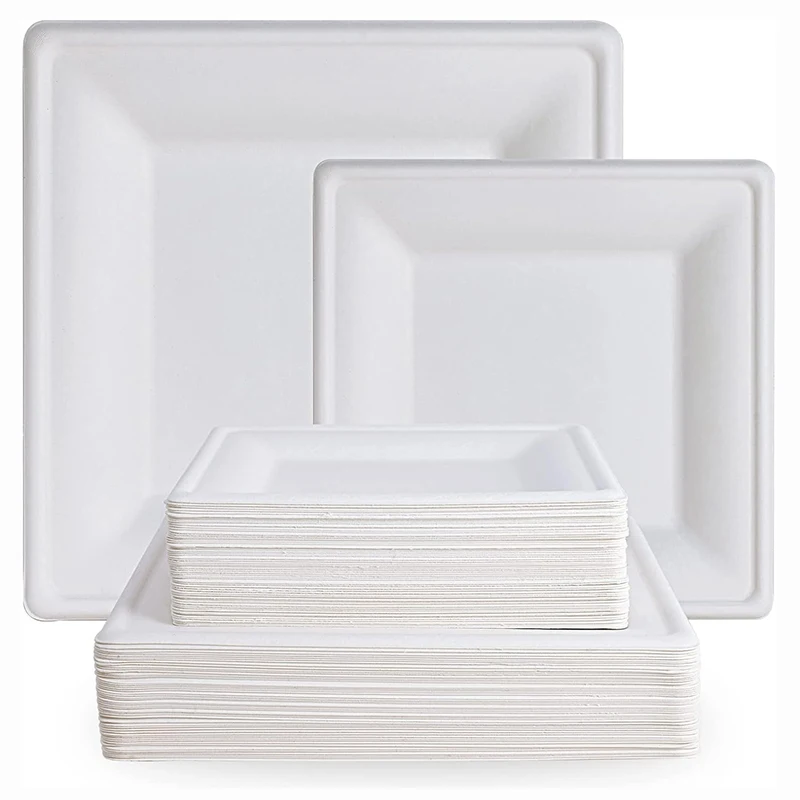 60Pcs Compostable Paper Plates, Disposable Square Plates, Eco-Friendly Biodegradable Bagasse Utensils Tray for Party Dinner
