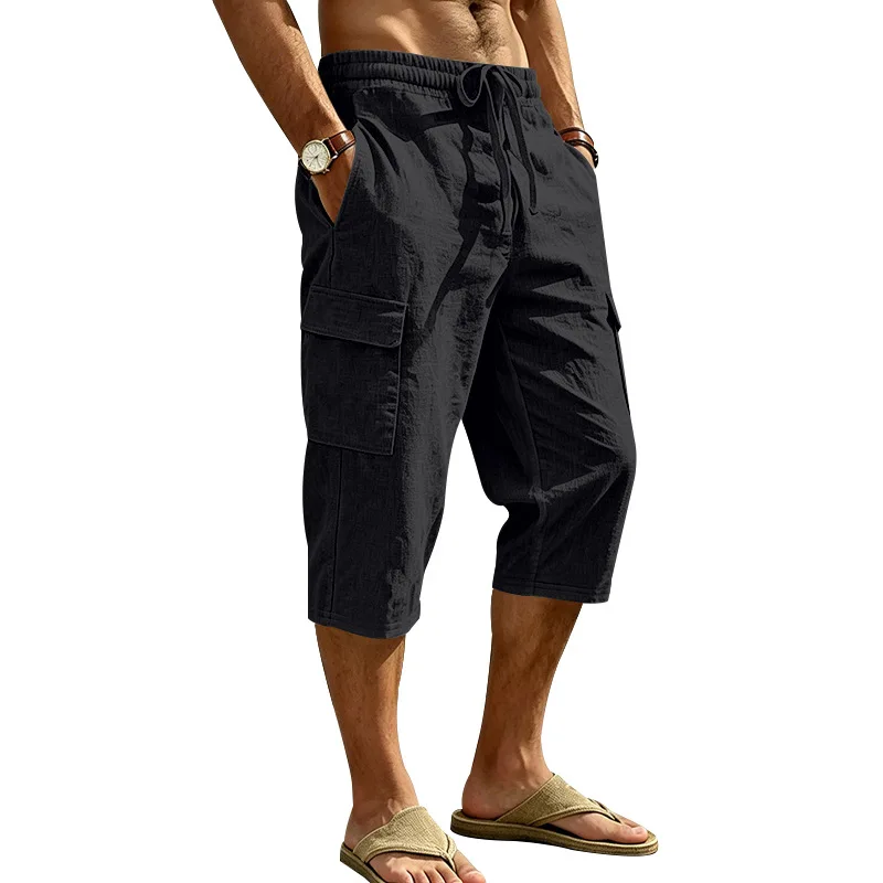 Europäische und amerikanische Sommer-Shorts aus Leinen für Herren, lässig, Outdoor, Arbeitskleidung, Pendler, Sport, Multi-Pocket, 7/8-Länge – Detail 15