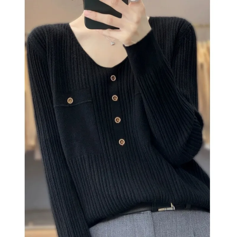 Faionable V-Ne-suéter de lana tejido para mujer, informal, holgado, largo, Color Sve, decorado con diamantes, ropa de abrigo Camere