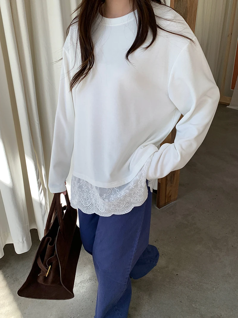 

Women's casual solid color slit lace double-sided velvet long sleeved T-shirt loose women's top