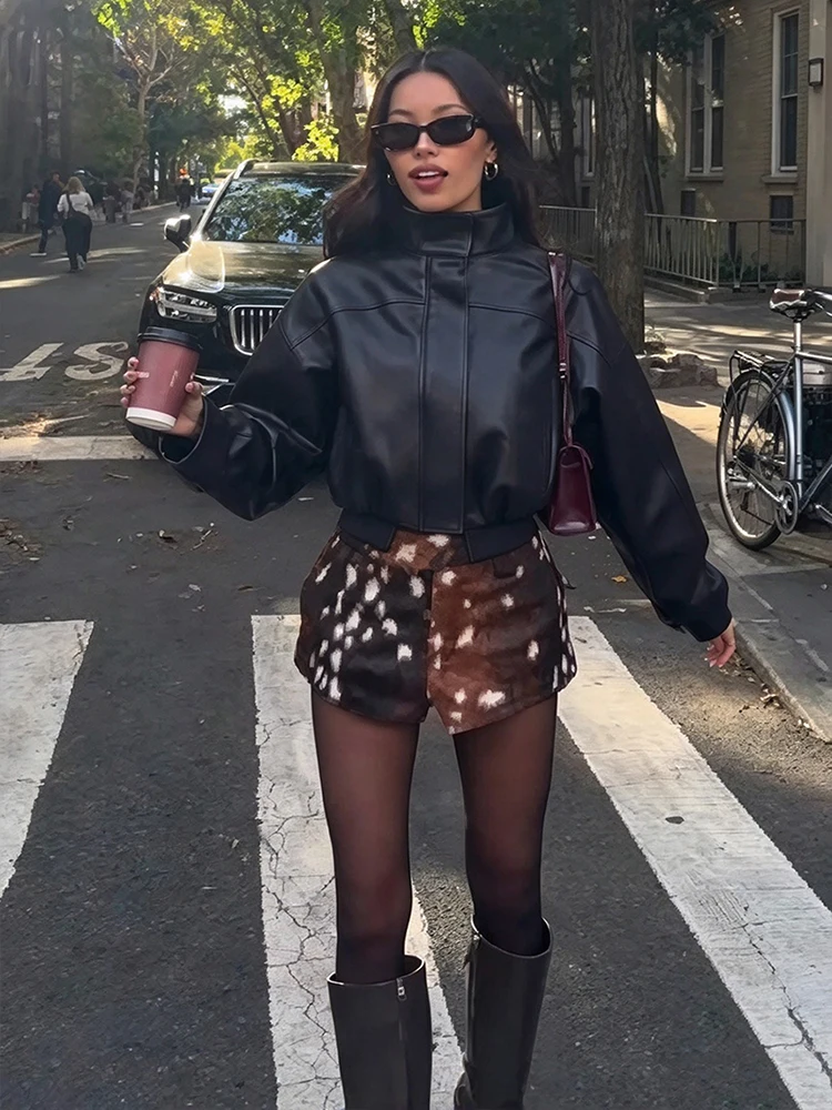 Chic Spotted Wide Leg Shorts  Women Retro High Waist Brown Dalmatian Print Casual Short Trouser Female Trendy Fall Daily Bottoms