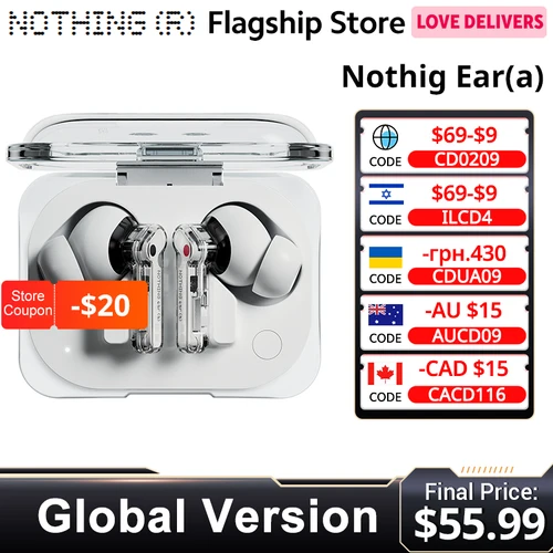 Imagen 1 del producto Versión global Nothing Ear (a) Auricular Bluetooth 45dB Cancelación activa de ruido ANC Dinámica 42,5 horas de escucha Diseño de moda
