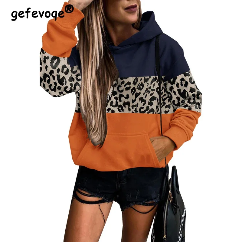 

Women Leopard Print Patchwork Oversized Streetwear Hooded Sweatshirts Spring Autumn Trendy Harajuku Long Sleeve Pullover Hoodies