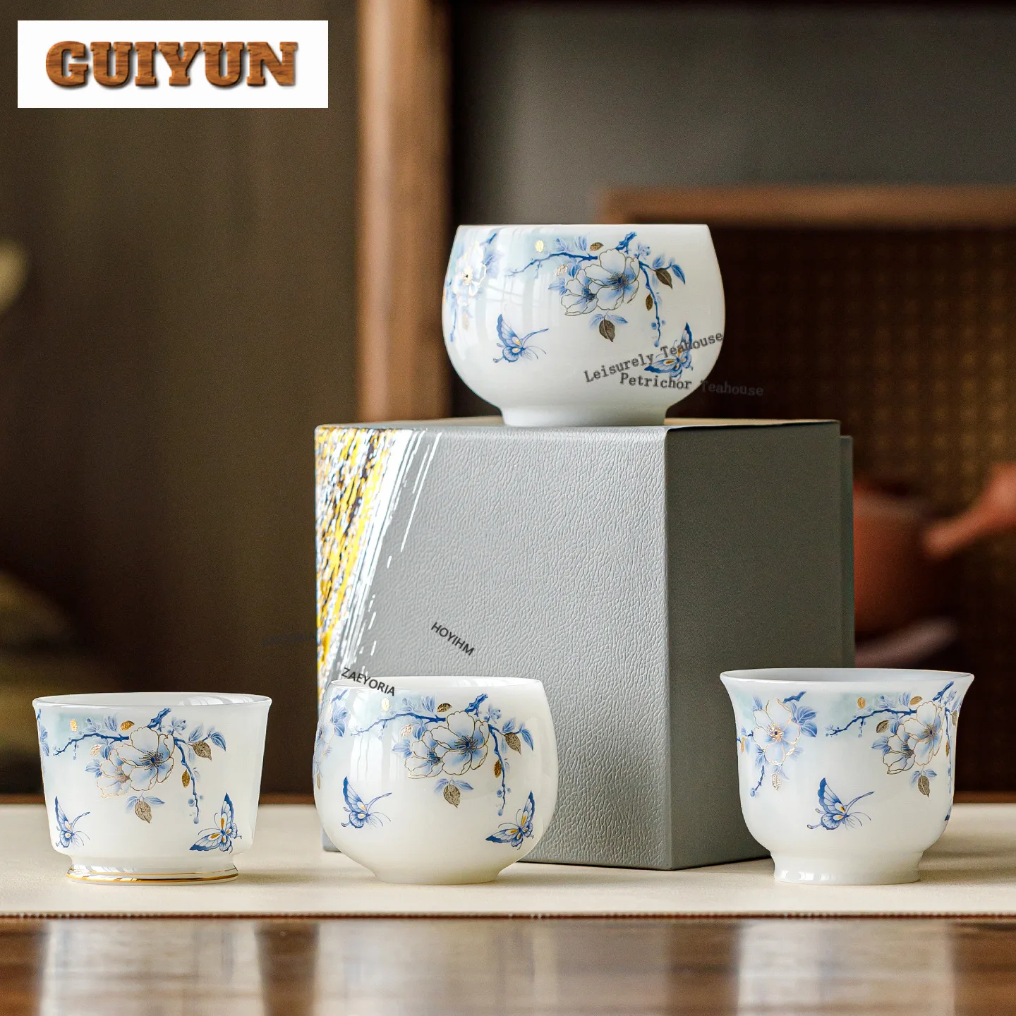 Ice Jade Porcelain Golden Thread Dream Butterfly Teacup Zen Tea Bowl Set Of Cups Tea-tasting Smelling Cup Chazhan Master Cups