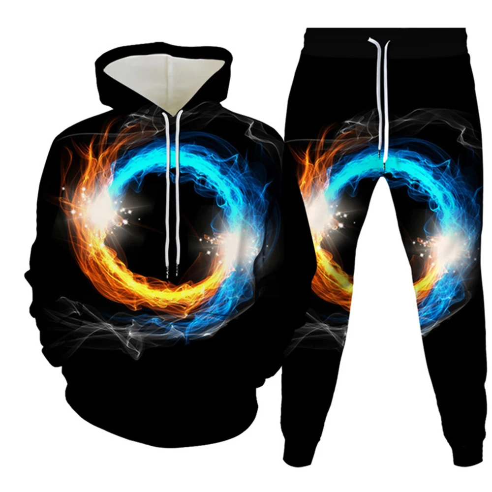 Phoenix And Taiji Element 3D Print Men's O-Neck Tracksuit Sets Casual Hoodie And Pants 2pcs Sets Oversized Pullover Men Clothing