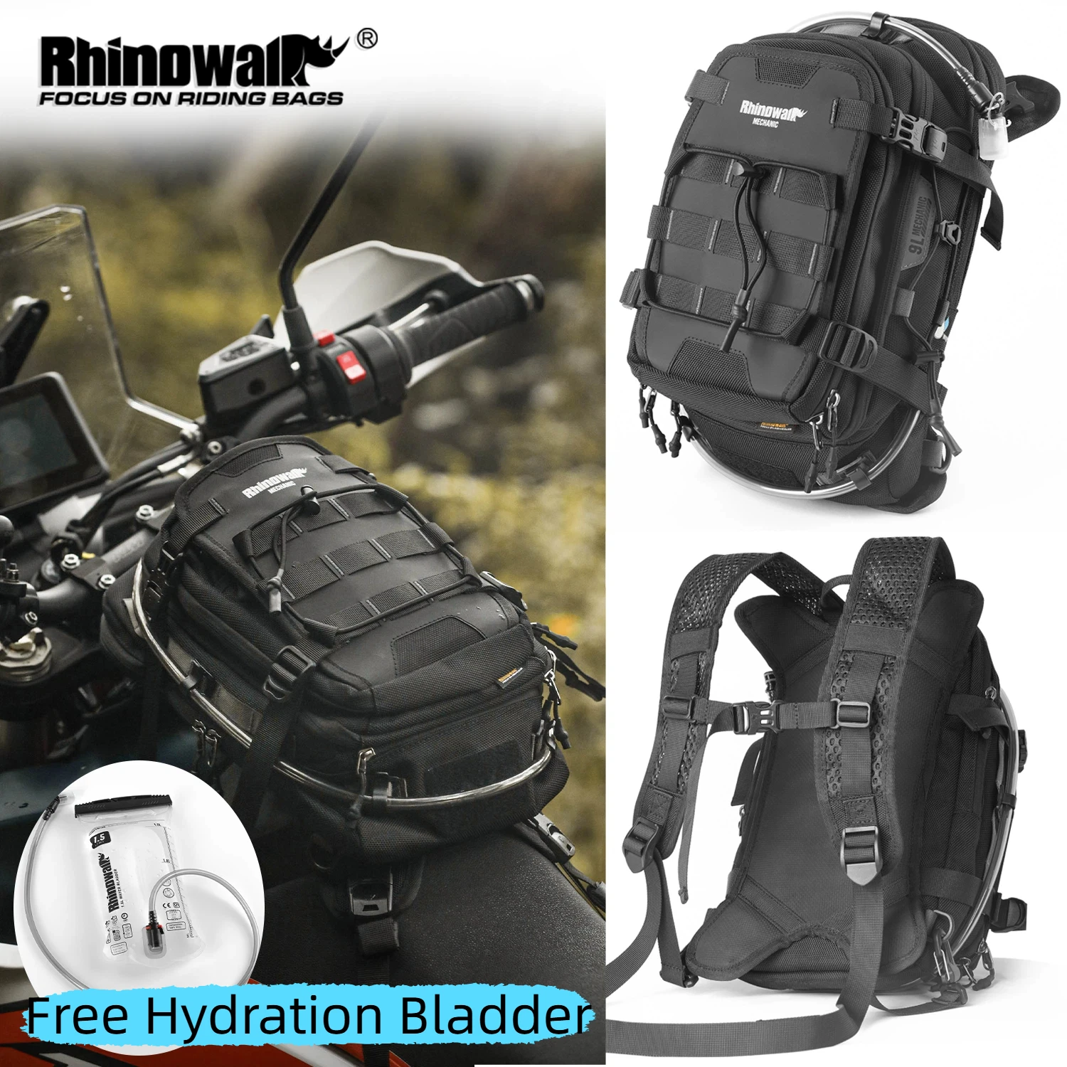 

Rhinowalk Motorcycle Tank Bag 9L Waterproof With Rain Cover Backpack 1.5L Hydration MOLLE Multi Compartment Mechanic Series 2026
