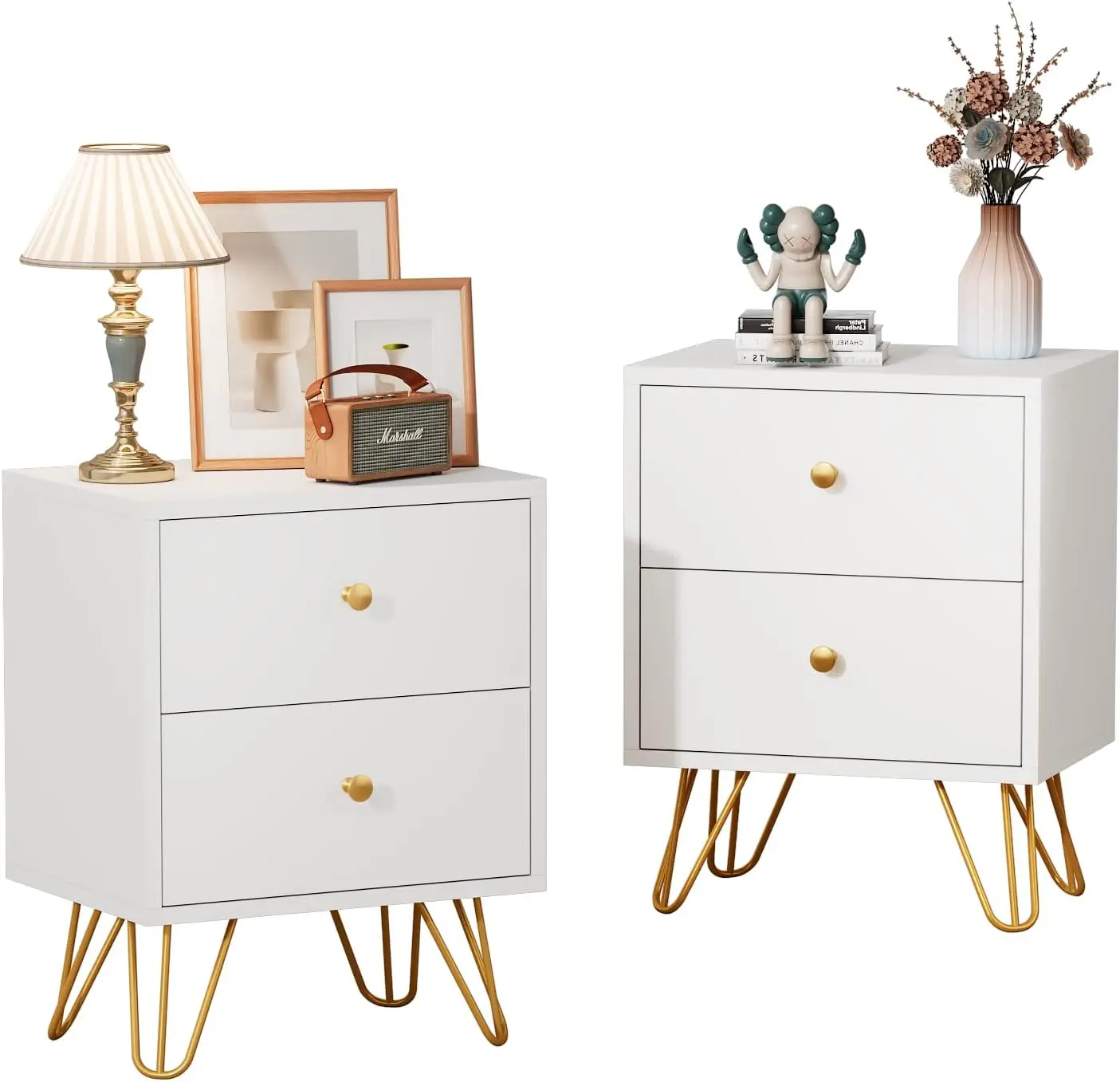 

White Nightstand Set of 2, White and Gold Night Stand with 2 Drawers, Modern End Table with Metal Legs and Gold Handles