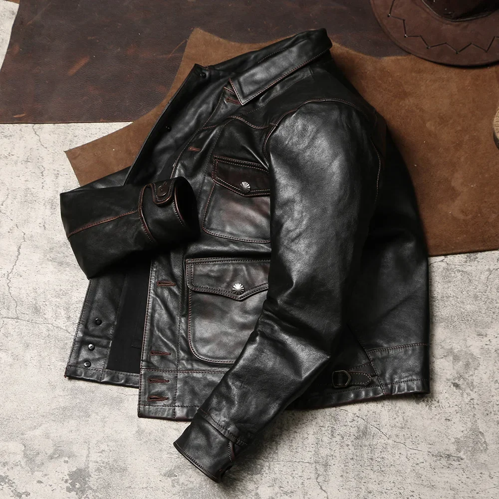 Tailor Brando American Vintage Tea Core Horsehide Lapel Handmade Aged Short Slim Work Leather Jacket
