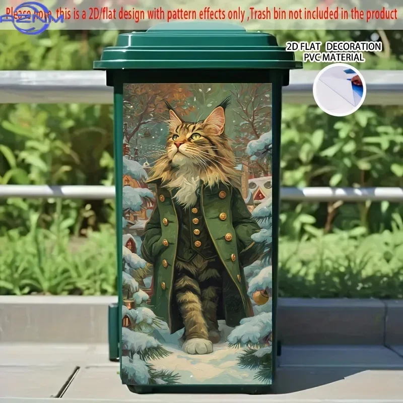 2D/FLAT, Vintage-style Maine Coon Cat Pattern Self-Adhesive Dustbin Sticker, 14.57×32.28 Inches. Maine Coon in Green Coat with