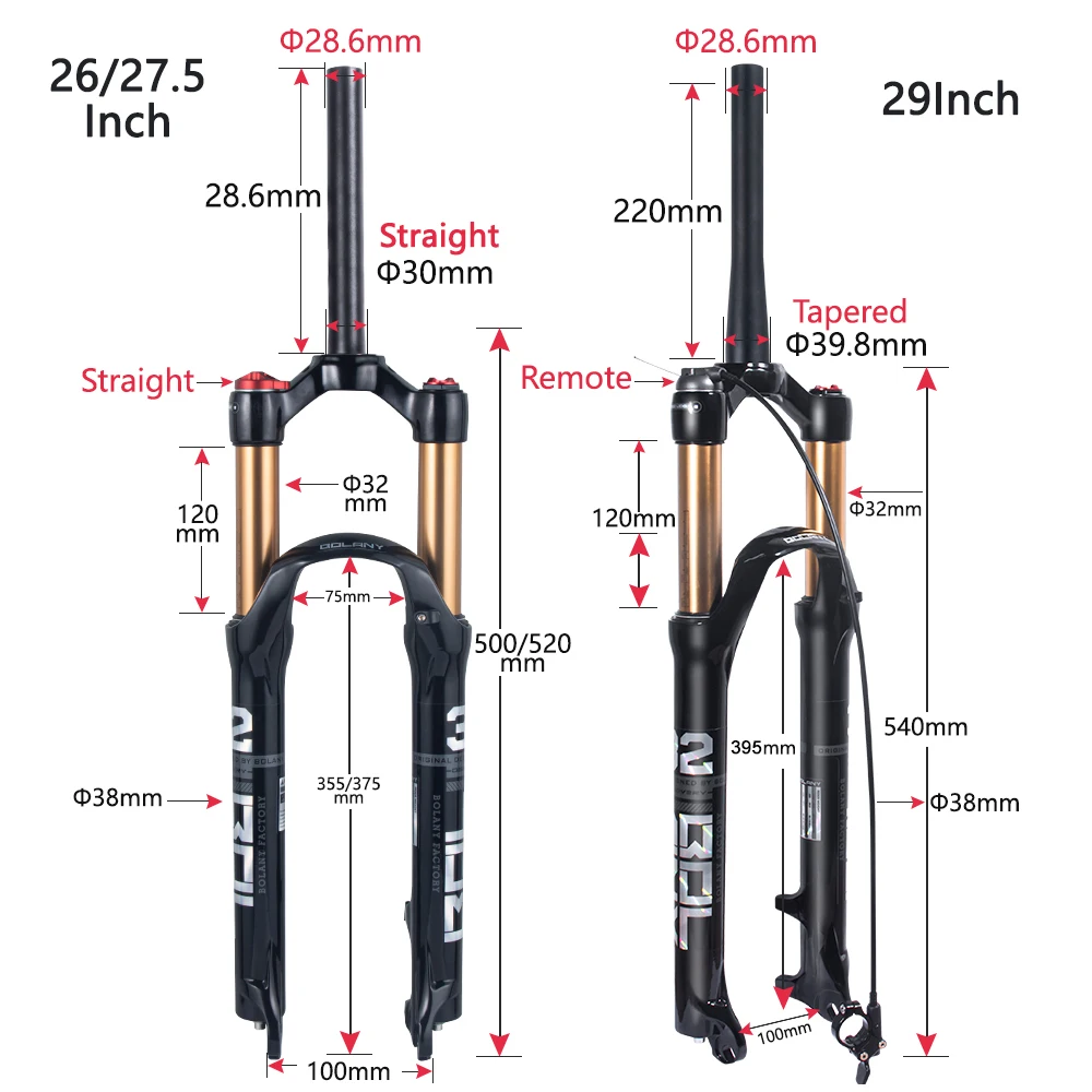 BOLANY MTB Bike Fork Solo Air Bicycle Front Suspension 26/27.5/29inch Straight/Tapered Tube Lockout Magnesium Alloy QuickRelease