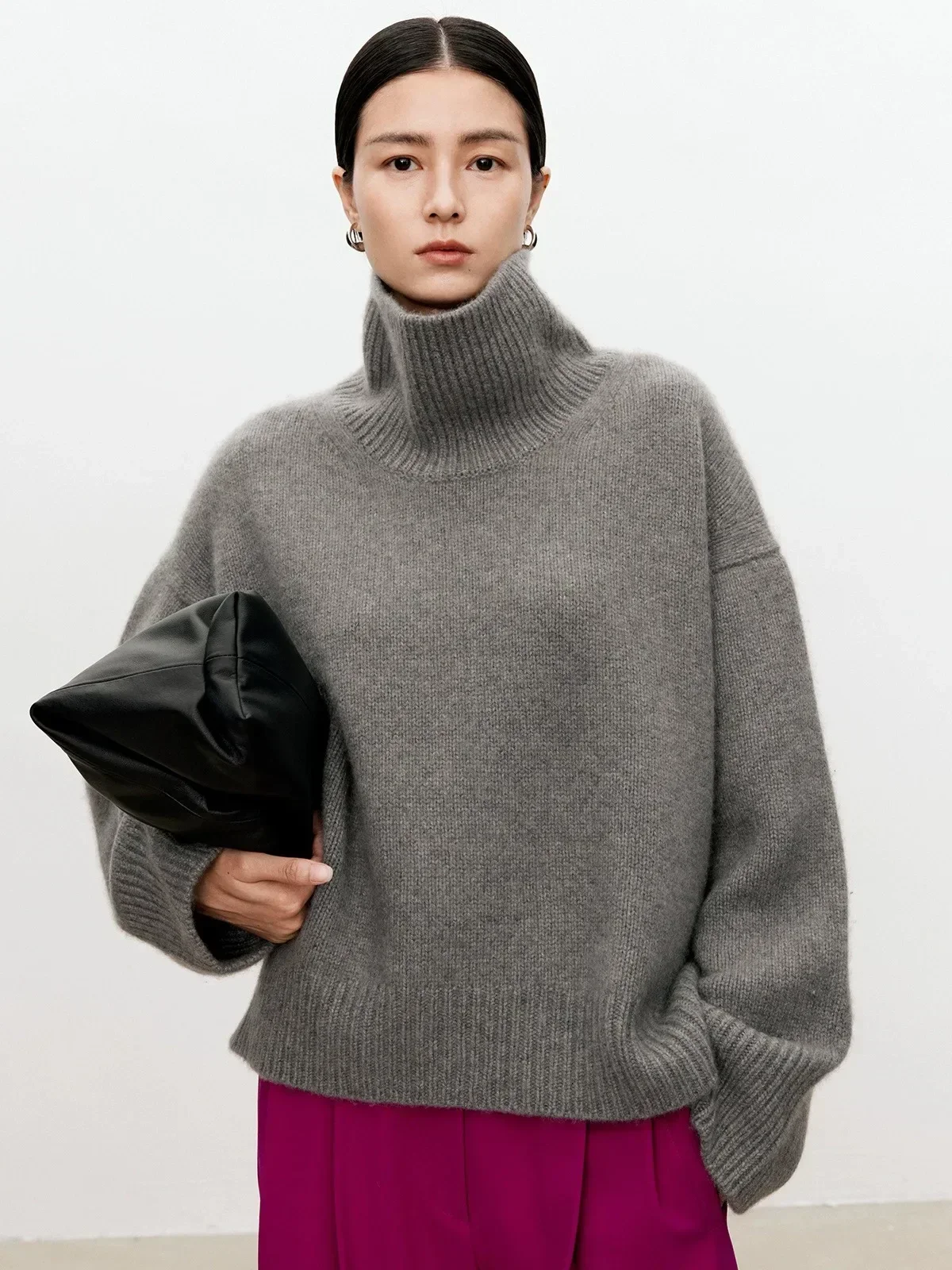 Turtleneck Pure Cashmere Sweater Female Loose and Thick Languid Lazy Wind Pullover Sweater Knitting Base WOOL Sweater