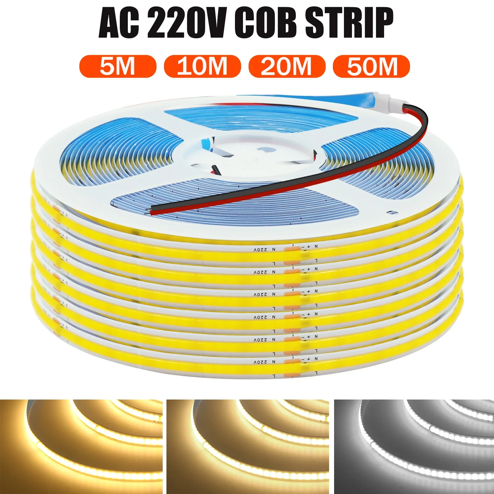 

220V COB LED Strip Light 5M 10M 20M 50M Flexible COB LED Tape with Adhesive Tape 240LEDs High Density Linear Lighting