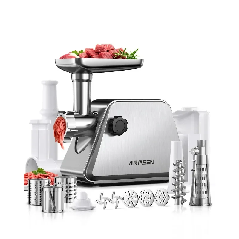 

Electric Meat Grinder 5in1 Multifunction with Grinding Plates, Sausage Accessory–Stainless Steel–Professional Kitchen