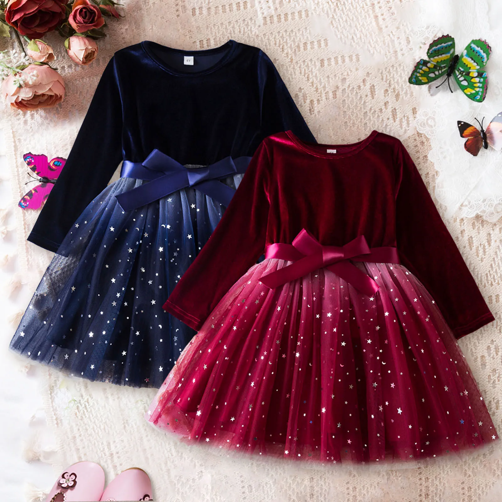 3-8Yrs Children Girls New Year Dress Red Christmas Long Sleeved Dress for Kids Birthday Wedding Party Wear Fashion Autumn Outfit