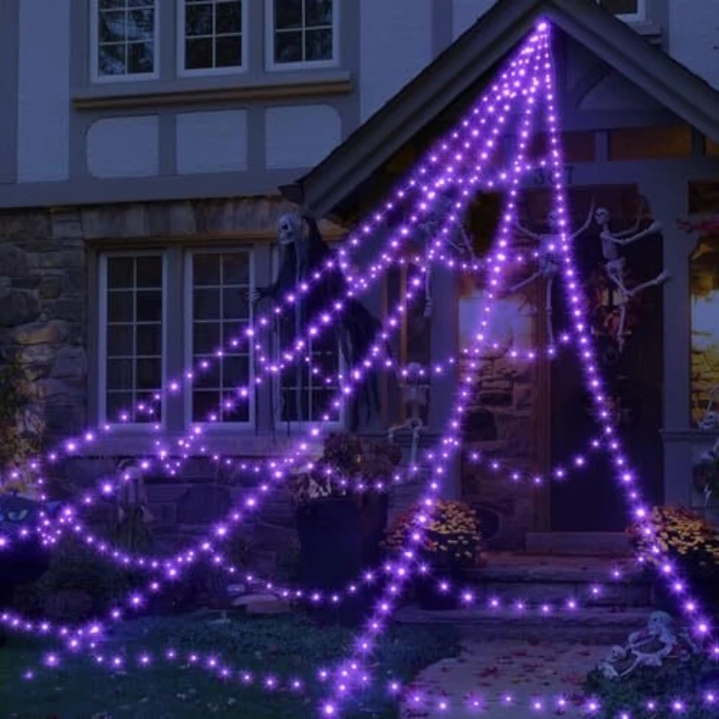 1PC Halloween Spider Web Lights Outdoor Waterproof 250LED Lights Atmosphere Decoration Lamp For Holiday Party Patio Lawn