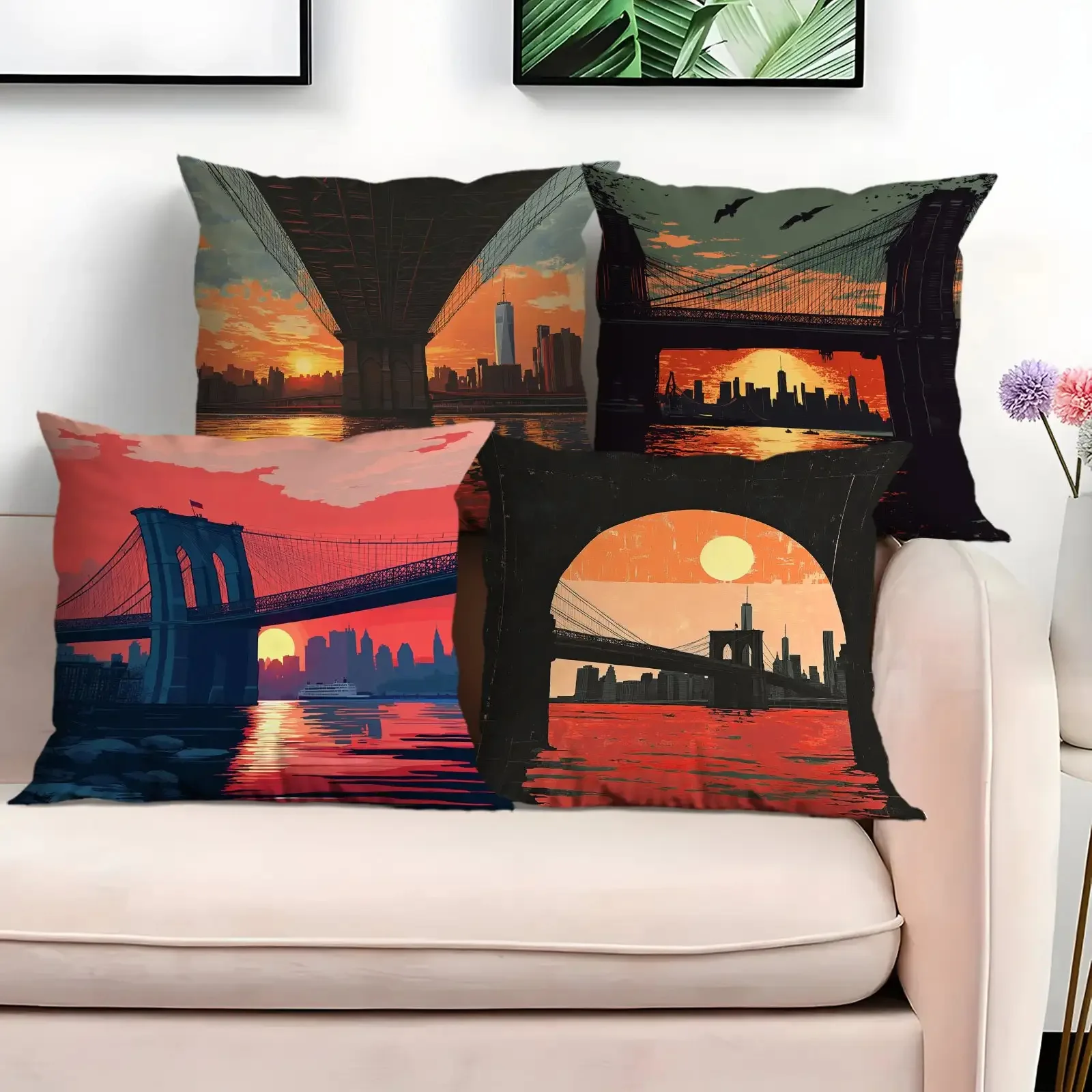 Bridge scenery illustration pattern digital printing pillow cover Short plush Suitable living bedrooms sofas throw cushion cover