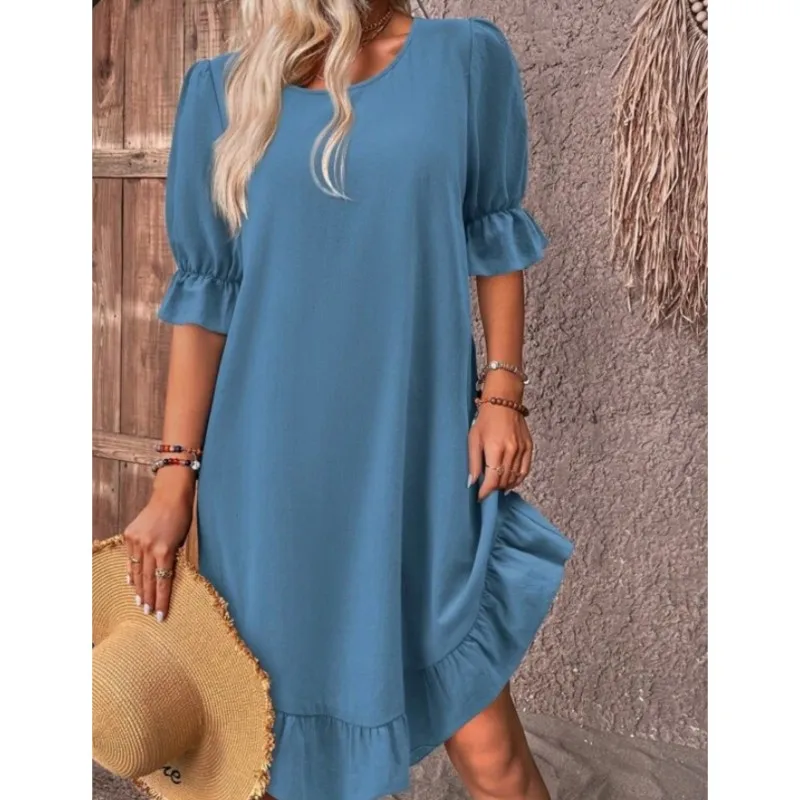 

2024 Spring/Summer Comfortable Casual Women's Retro Cotton and Hemp Mid Sleeve Round Neck Solid Color Loose Large Swing Dress